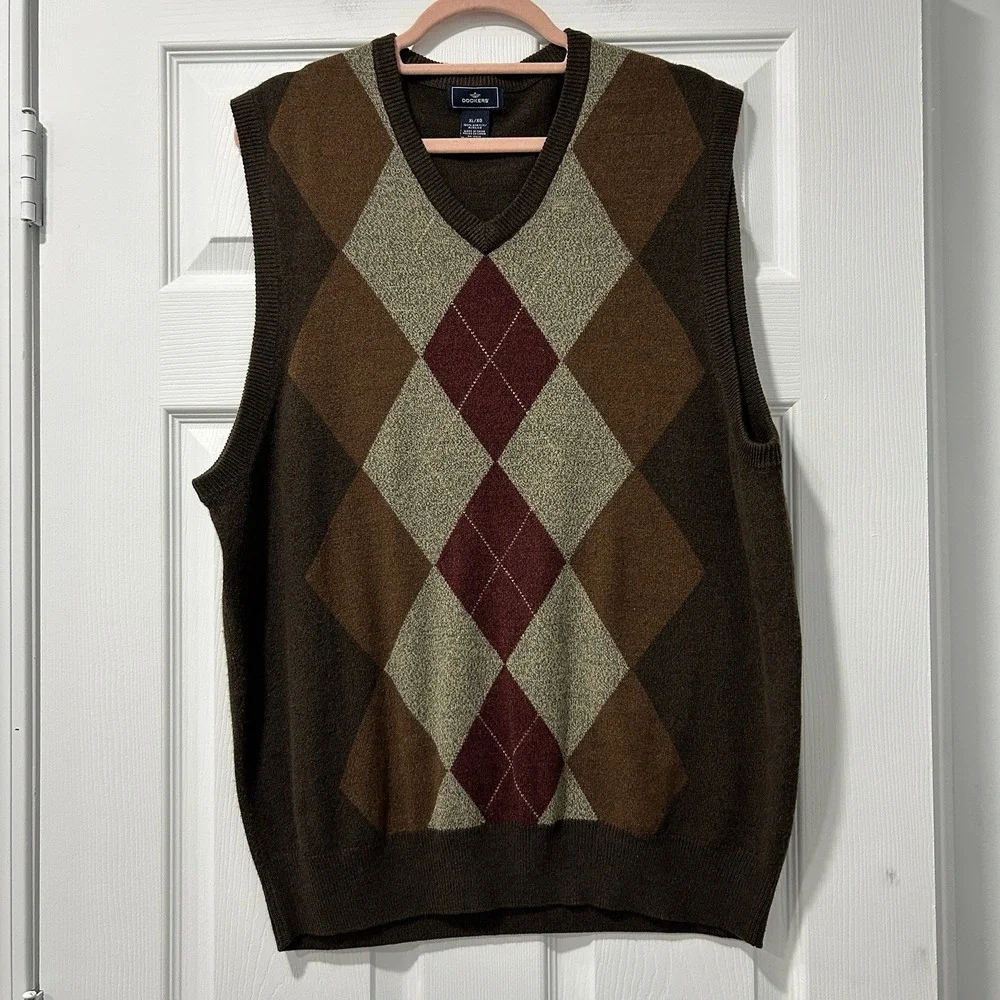 Dockers Men's XL Argyle Sweater Vest 90s Grandpacore Retro Academia Neutral EUC